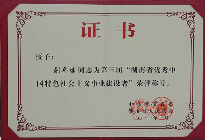 第三届“湖南省优秀中国特色社会主义事业建设者”荣誉称号（2011年）